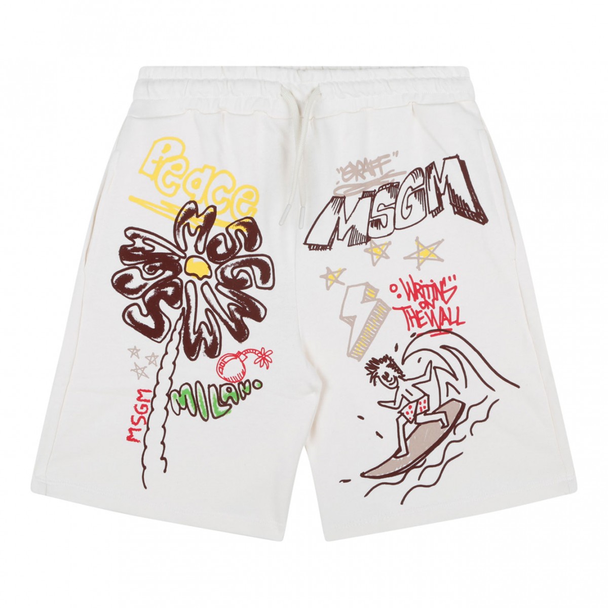 Cream White Graphic Print Shorts