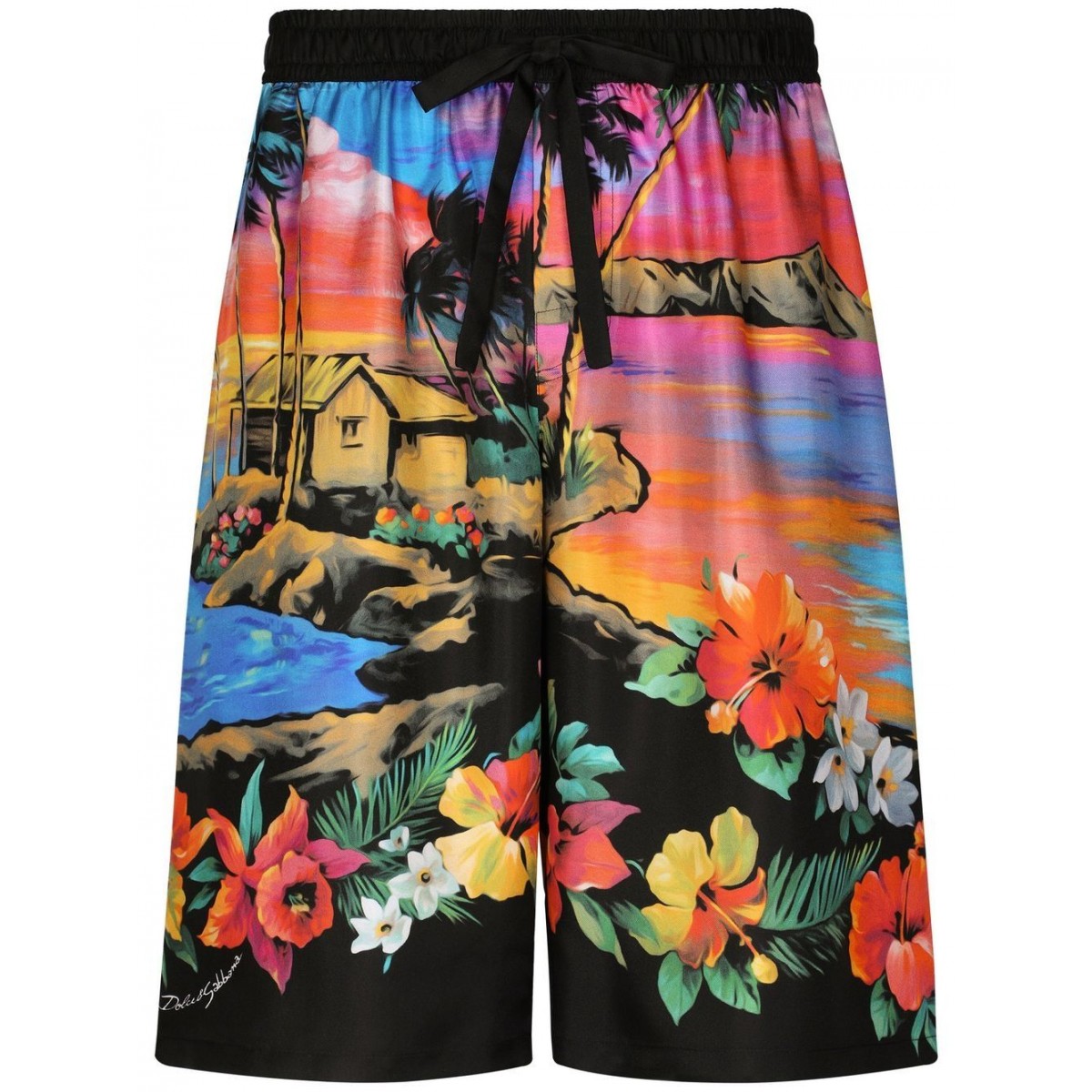 Black and Multicolour Silk Graphic Print Shorts