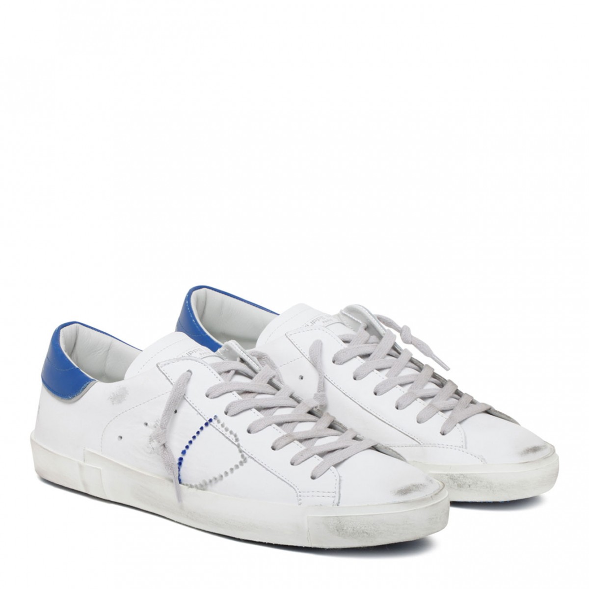 White and Blue Leather PRSX Veau Collier Low Top Sneakers| COLOGNESE 1882