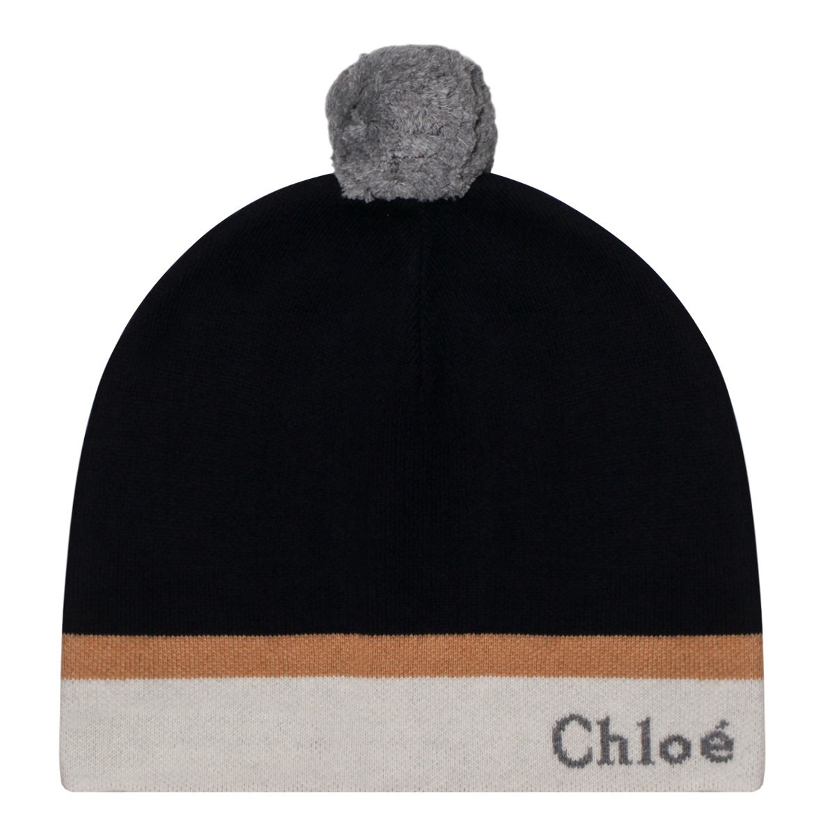 Navy Blue and Beige Pompom Beanie