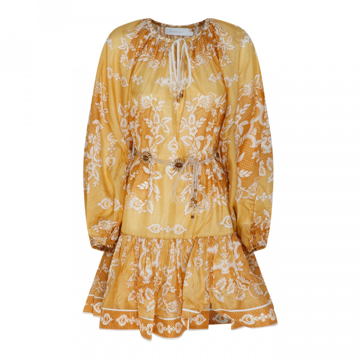 Sunflower Yellow and Cream White Silk Raie Floral Print Minidress