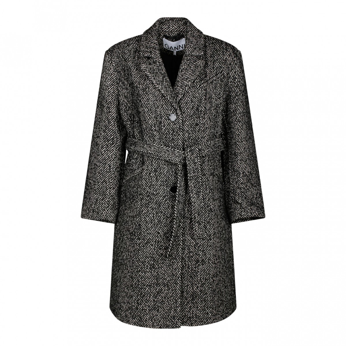 Black Herringbone Wool Belt Coat