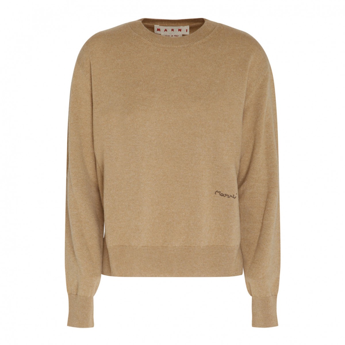 Marni Dune Brown Cashmere Logo Embroidered Jumper. 