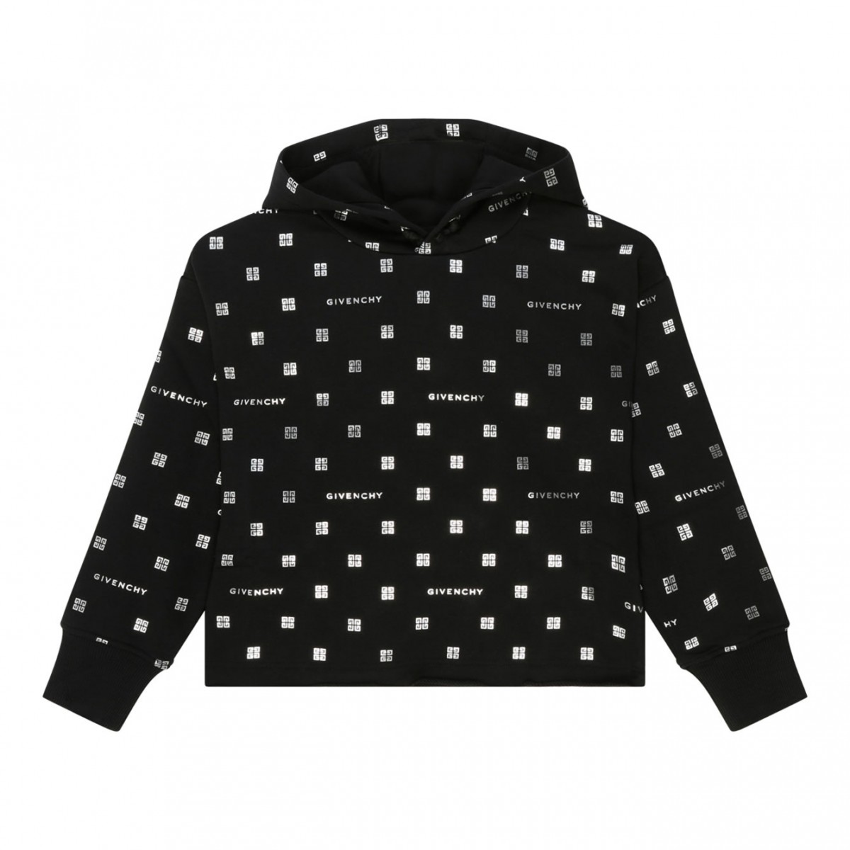 Black Cotton Monogram Print Hoodie