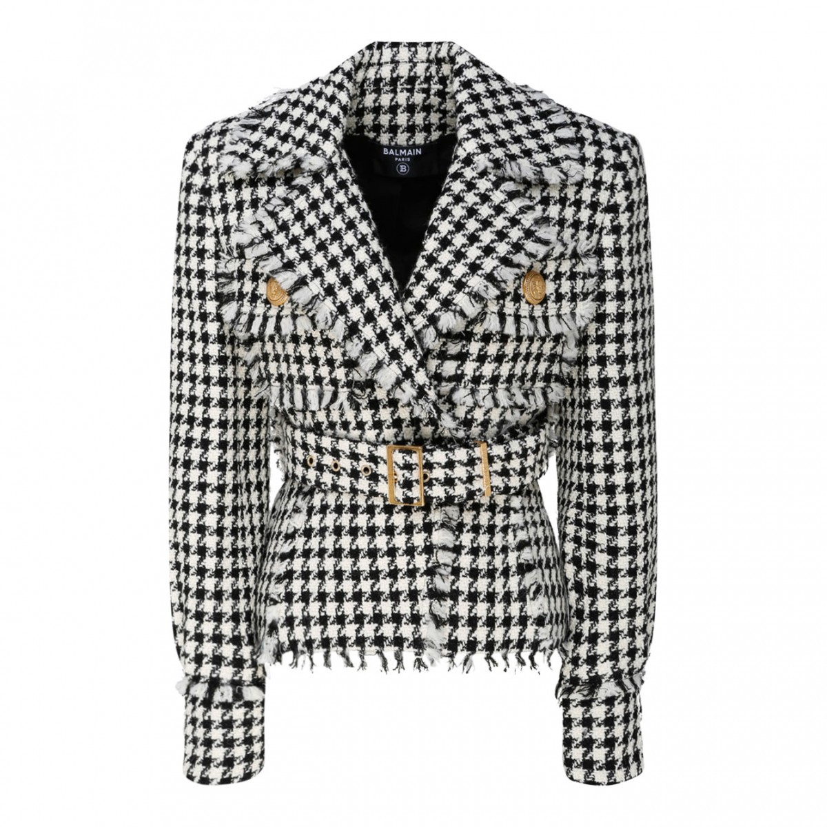 White and Black Virgin Wool Tweed Belted Jacket