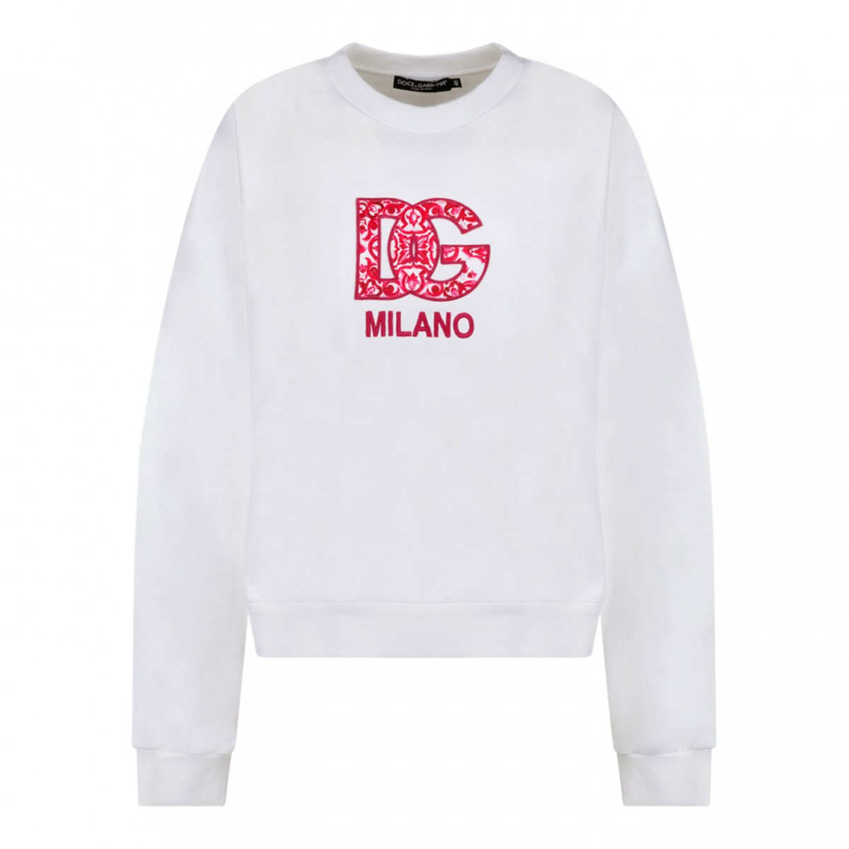 White Jersey Sweatshirt With DG Fucsia Maiolica Patch.