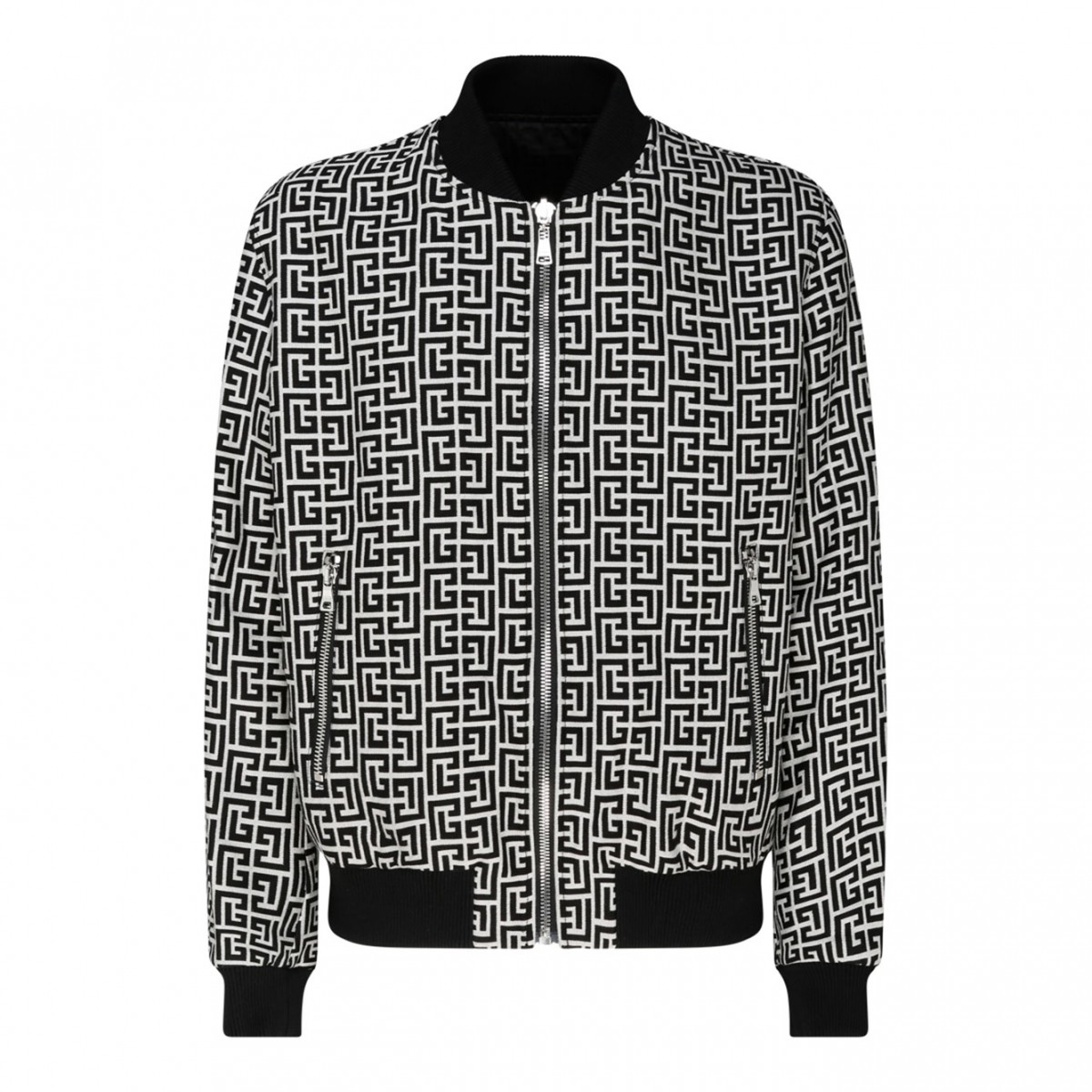 Black and White Cotton Monogram Pattern Reversible Bomber Jacket